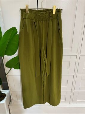 Olive Green High-Waist Paperbag Ankle Pants